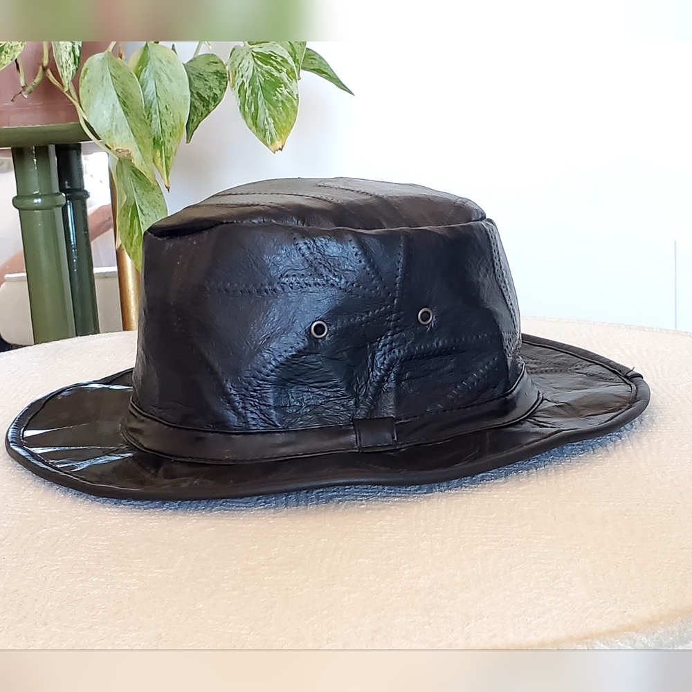 Black Genuine Leather Patchwork Fedora Hat, OS, L… - image 3